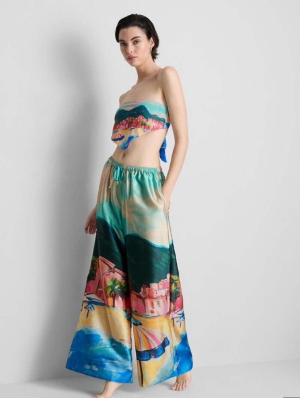 PRIMARK BLOGGER SCENIC BEACH PRINT WIDE LEG COVER UP SILK PANTS SIZE LARGE NEW